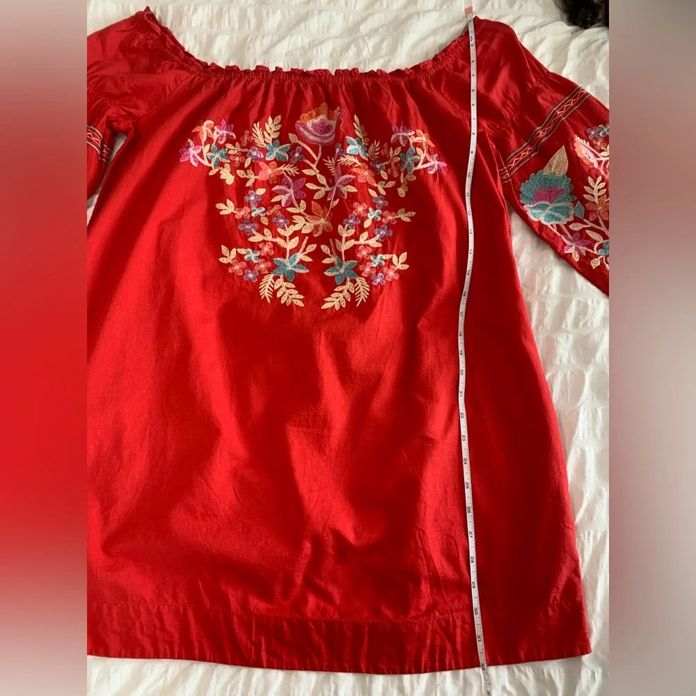 Free People Embroidered Off-Shoulder Red Peasant Tunic/Dress